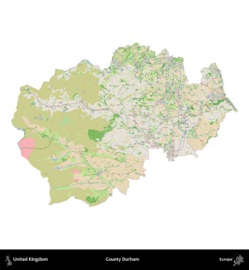Durham ilçesi. Birleşik Krallık 'ın idari alanı bir OpenStreetMap Fransız tarzı haritada beyazda izole edildi