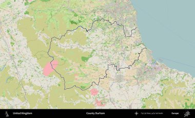 Durham ilçesi. Bir OpenStreetMap Fransız tarzı haritada Birleşik Krallık 'ın özetlenmiş idari alanı