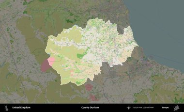 Durham ilçesi. Birleşik Krallık 'ın idari alanı koyu renk bir OpenStreetMap Fransız tarzı haritada altı çizilmiş ve özetlenmiştir
