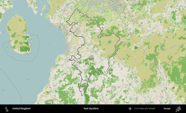 Doğu Ayrshire. Bir OpenStreetMap Fransız tarzı haritada Birleşik Krallık 'ın özetlenmiş idari alanı