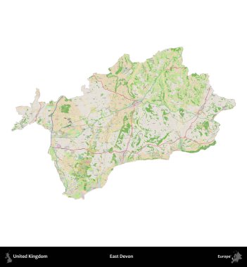 Doğu Devon. Birleşik Krallık 'ın idari alanı bir OpenStreetMap Fransız tarzı haritada beyazda izole edildi