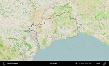 Doğu Devon. Bir OpenStreetMap Fransız tarzı haritada Birleşik Krallık 'ın özetlenmiş idari alanı