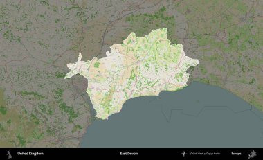 Doğu Devon. Birleşik Krallık 'ın idari alanı koyu renk bir OpenStreetMap Fransız tarzı haritada altı çizilmiş ve özetlenmiştir