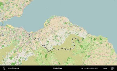 Doğu Lothian. Bir OpenStreetMap Fransız tarzı haritada Birleşik Krallık 'ın özetlenmiş idari alanı