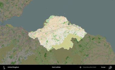Doğu Lothian. Birleşik Krallık 'ın idari alanı koyu renk bir OpenStreetMap Fransız tarzı haritada altı çizilmiş ve özetlenmiştir