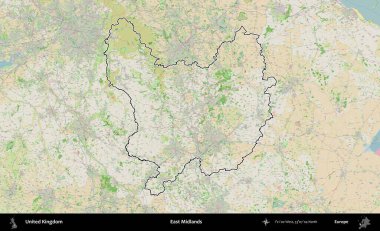 Doğu Midlands. Bir OpenStreetMap Fransız tarzı haritada Birleşik Krallık 'ın özetlenmiş idari alanı