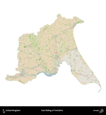 Yorkshire 'ın Doğu Biniciliği. Birleşik Krallık 'ın idari alanı bir OpenStreetMap Fransız tarzı haritada beyazda izole edildi