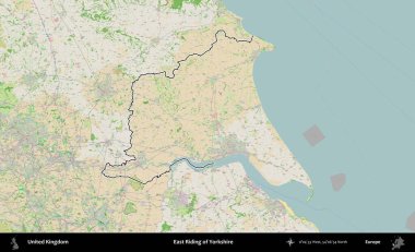 Yorkshire 'ın Doğu Biniciliği. Bir OpenStreetMap Fransız tarzı haritada Birleşik Krallık 'ın özetlenmiş idari alanı