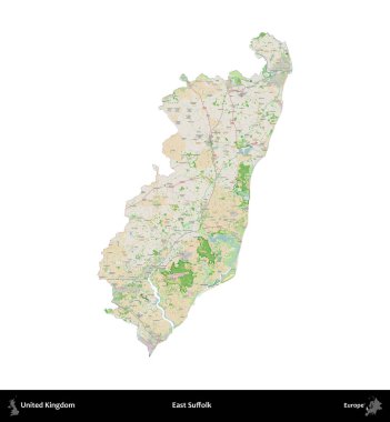 Doğu Suffolk. Birleşik Krallık 'ın idari alanı bir OpenStreetMap Fransız tarzı haritada beyazda izole edildi