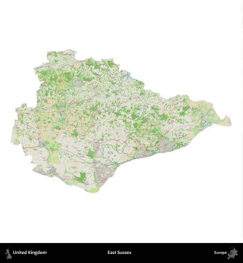 Doğu Sussex. Birleşik Krallık 'ın idari alanı bir OpenStreetMap Fransız tarzı haritada beyazda izole edildi