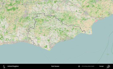 Doğu Sussex. Bir OpenStreetMap Fransız tarzı haritada Birleşik Krallık 'ın özetlenmiş idari alanı
