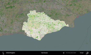 Doğu Sussex. Birleşik Krallık 'ın idari alanı koyu renk bir OpenStreetMap Fransız tarzı haritada altı çizilmiş ve özetlenmiştir