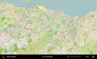 Edinburgh şehri. Bir OpenStreetMap Fransız tarzı haritada Birleşik Krallık 'ın özetlenmiş idari alanı