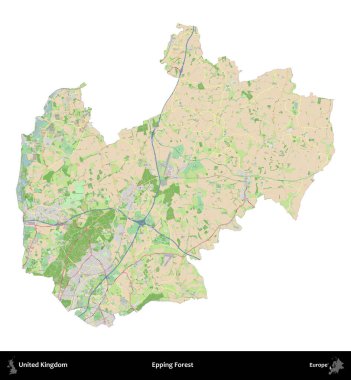 Epping Ormanı. Birleşik Krallık 'ın idari alanı bir OpenStreetMap Fransız tarzı haritada beyazda izole edildi
