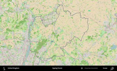 Epping Ormanı. Bir OpenStreetMap Fransız tarzı haritada Birleşik Krallık 'ın özetlenmiş idari alanı