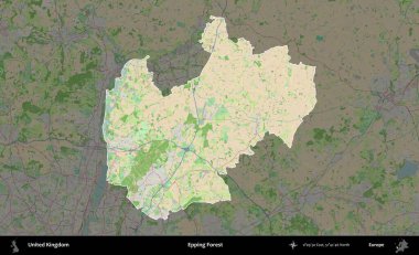 Epping Ormanı. Birleşik Krallık 'ın idari alanı koyu renk bir OpenStreetMap Fransız tarzı haritada altı çizilmiş ve özetlenmiştir