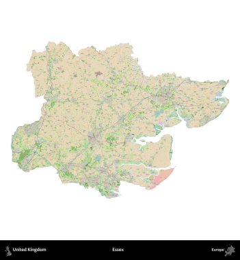 Essex. Birleşik Krallık 'ın idari alanı bir OpenStreetMap Fransız tarzı haritada beyazda izole edildi