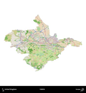 Falkirk. Birleşik Krallık 'ın idari alanı bir OpenStreetMap Fransız tarzı haritada beyazda izole edildi