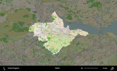 Falkirk. Birleşik Krallık 'ın idari alanı koyu renk bir OpenStreetMap Fransız tarzı haritada altı çizilmiş ve özetlenmiştir