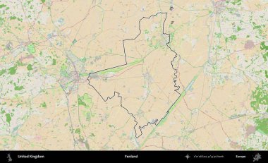 Fenland. Bir OpenStreetMap Fransız tarzı haritada Birleşik Krallık 'ın özetlenmiş idari alanı