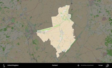 Fenland. Birleşik Krallık 'ın idari alanı koyu renk bir OpenStreetMap Fransız tarzı haritada altı çizilmiş ve özetlenmiştir