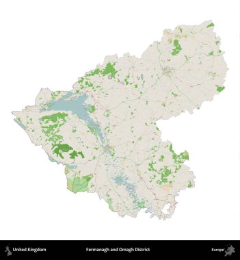 Fermanagh ve Omagh Bölgesi. Birleşik Krallık 'ın idari alanı bir OpenStreetMap Fransız tarzı haritada beyazda izole edildi