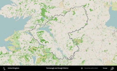 Fermanagh ve Omagh Bölgesi. Bir OpenStreetMap Fransız tarzı haritada Birleşik Krallık 'ın özetlenmiş idari alanı