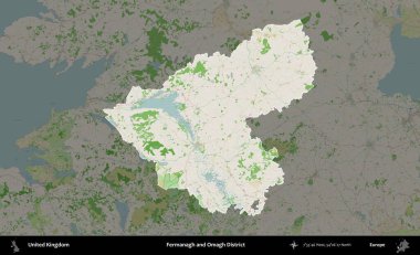Fermanagh ve Omagh Bölgesi. Birleşik Krallık 'ın idari alanı koyu renk bir OpenStreetMap Fransız tarzı haritada altı çizilmiş ve özetlenmiştir