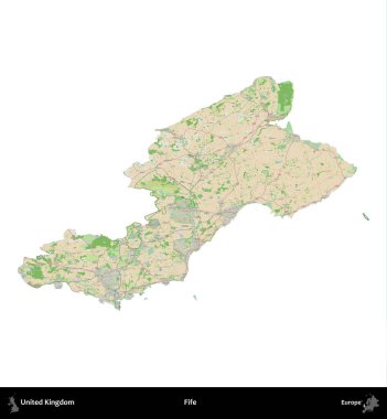 Fife. Birleşik Krallık 'ın idari alanı bir OpenStreetMap Fransız tarzı haritada beyazda izole edildi