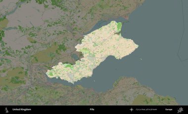 Fife. Birleşik Krallık 'ın idari alanı koyu renk bir OpenStreetMap Fransız tarzı haritada altı çizilmiş ve özetlenmiştir