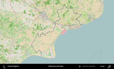 Folkestone ve Hythe. Bir OpenStreetMap Fransız tarzı haritada Birleşik Krallık 'ın özetlenmiş idari alanı