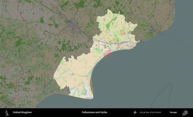 Folkestone ve Hythe. Birleşik Krallık 'ın idari alanı koyu renk bir OpenStreetMap Fransız tarzı haritada altı çizilmiş ve özetlenmiştir