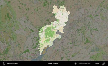 Dean Ormanı. Birleşik Krallık 'ın idari alanı koyu renk bir OpenStreetMap Fransız tarzı haritada altı çizilmiş ve özetlenmiştir