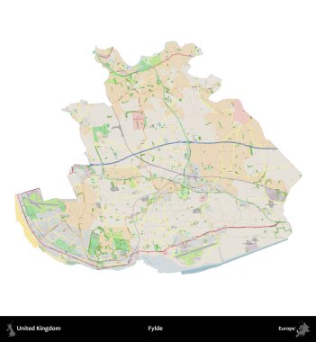 Fylde. Birleşik Krallık 'ın idari alanı bir OpenStreetMap Fransız tarzı haritada beyazda izole edildi