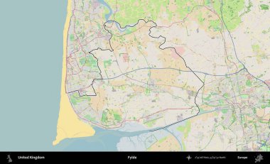 Fylde. Bir OpenStreetMap Fransız tarzı haritada Birleşik Krallık 'ın özetlenmiş idari alanı