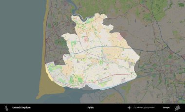 Fylde. Birleşik Krallık 'ın idari alanı koyu renk bir OpenStreetMap Fransız tarzı haritada altı çizilmiş ve özetlenmiştir