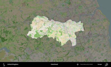 Kapıbaşı. Birleşik Krallık 'ın idari alanı koyu renk bir OpenStreetMap Fransız tarzı haritada altı çizilmiş ve özetlenmiştir