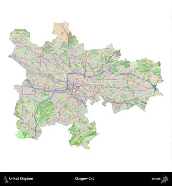 Glasgow Şehri. Birleşik Krallık 'ın idari alanı bir OpenStreetMap Fransız tarzı haritada beyazda izole edildi