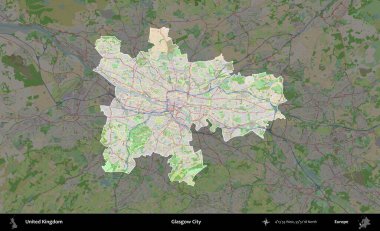Glasgow Şehri. Birleşik Krallık 'ın idari alanı koyu renk bir OpenStreetMap Fransız tarzı haritada altı çizilmiş ve özetlenmiştir