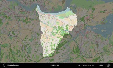 Gravesham. Birleşik Krallık 'ın idari alanı koyu renk bir OpenStreetMap Fransız tarzı haritada altı çizilmiş ve özetlenmiştir