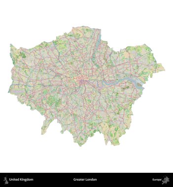 Büyük Londra. Birleşik Krallık 'ın idari alanı bir OpenStreetMap Fransız tarzı haritada beyazda izole edildi