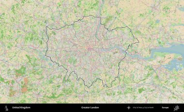 Büyük Londra. Bir OpenStreetMap Fransız tarzı haritada Birleşik Krallık 'ın özetlenmiş idari alanı