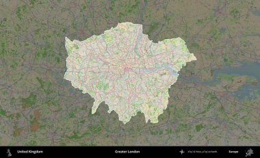Büyük Londra. Birleşik Krallık 'ın idari alanı koyu renk bir OpenStreetMap Fransız tarzı haritada altı çizilmiş ve özetlenmiştir