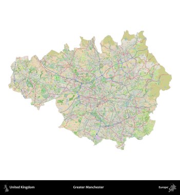 Daha büyük Manchester. Birleşik Krallık 'ın idari alanı bir OpenStreetMap Fransız tarzı haritada beyazda izole edildi