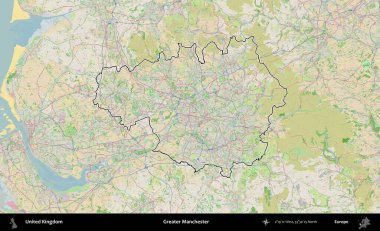 Daha büyük Manchester. Bir OpenStreetMap Fransız tarzı haritada Birleşik Krallık 'ın özetlenmiş idari alanı