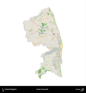 Yüce Yarmouth. Birleşik Krallık 'ın idari alanı bir OpenStreetMap Fransız tarzı haritada beyazda izole edildi
