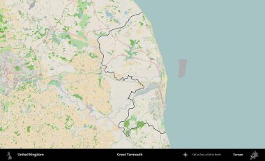 Yüce Yarmouth. Bir OpenStreetMap Fransız tarzı haritada Birleşik Krallık 'ın özetlenmiş idari alanı