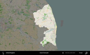 Yüce Yarmouth. Birleşik Krallık 'ın idari alanı koyu renk bir OpenStreetMap Fransız tarzı haritada altı çizilmiş ve özetlenmiştir