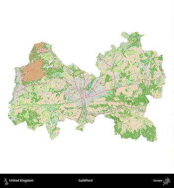 Guildford. Birleşik Krallık 'ın idari alanı bir OpenStreetMap Fransız tarzı haritada beyazda izole edildi