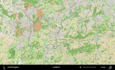 Guildford. Bir OpenStreetMap Fransız tarzı haritada Birleşik Krallık 'ın özetlenmiş idari alanı